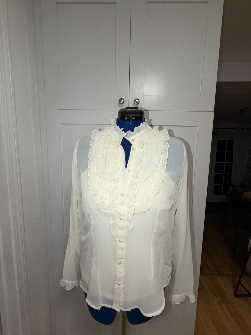 Women's Ivory Ruffle Front Blouse - Picture 7 of 12